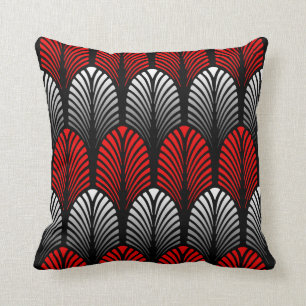 Art Deco Feather Pattern, Silver Grey and Red Cushion
