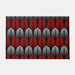 Art Deco Feather Pattern, Silver Grey and Red Doormat