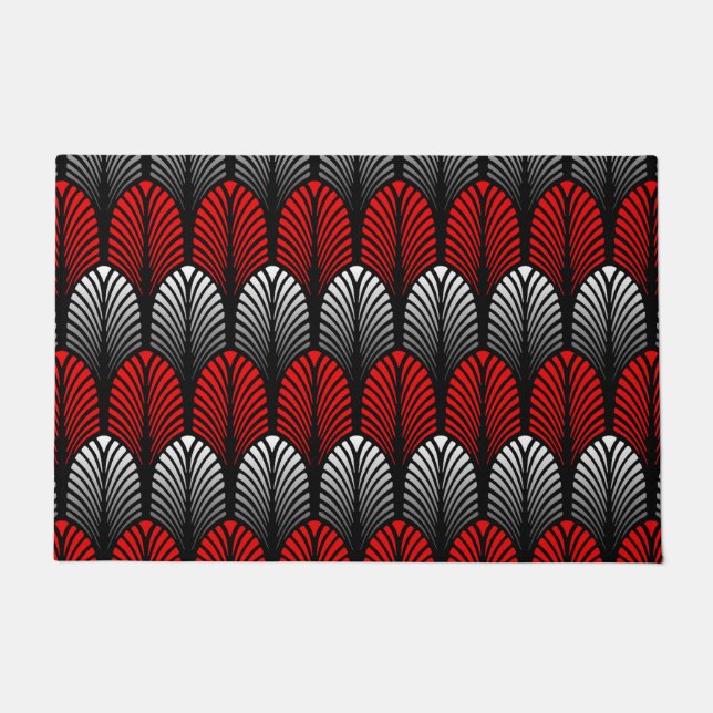 Art Deco Feather Pattern, Silver Grey and Red Doormat (Front)