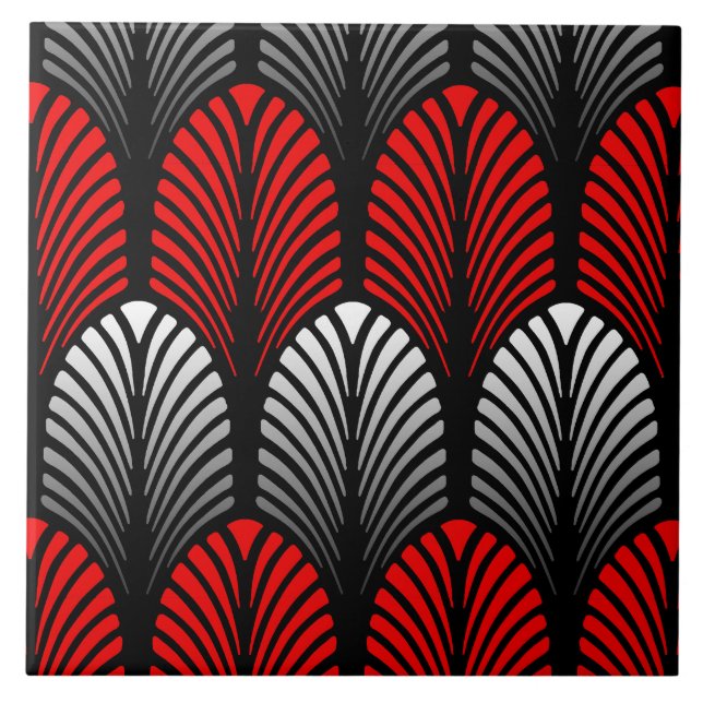 Art Deco Feather Pattern, Silver Grey and Red Tile (Front)