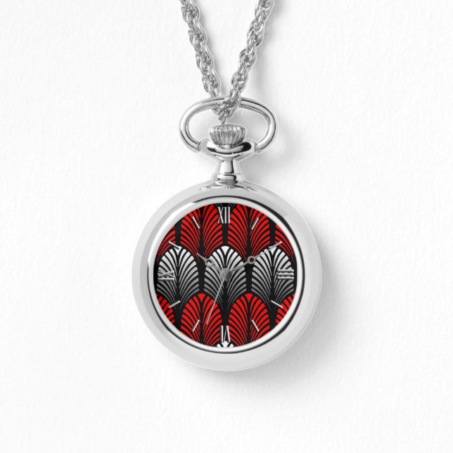 Art Deco Feather Pattern, Silver Grey and Red Watch (Front)