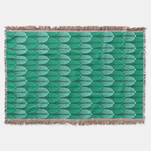 Art Deco Feather Pattern, Turquoise and Aqua Throw Blanket (Front)