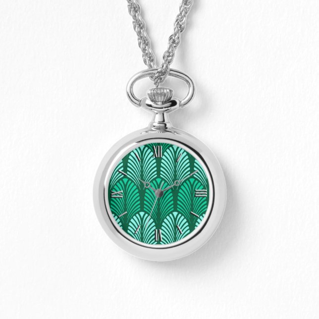 Art Deco Feather Pattern, Turquoise and Aqua Watch (Front)