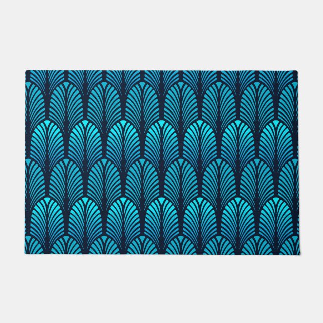 Art Deco Feather Pattern, Turquoise and Navy Doormat (Front)