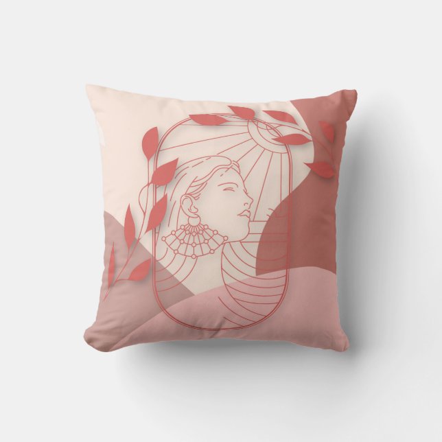 Art Deco Female Face Abstract Shapes Leaves Cushion (Front)