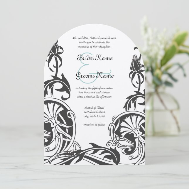 Art Deco Filigree Aesthetic Floral Scroll Wedding  Invitation (Standing Front)