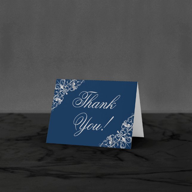 Art Deco Filigree | Navy Blue Silver Grey Wedding Thank You Card (Creator Uploaded)