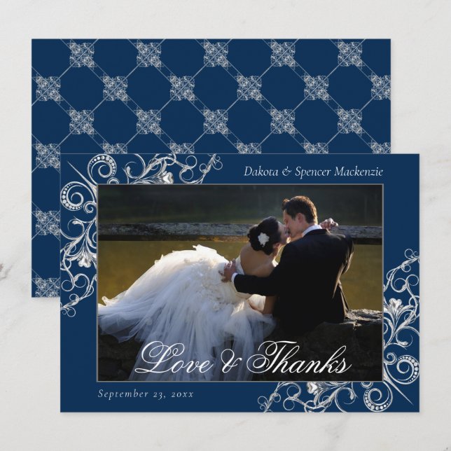 Art Deco Filigree | Navy Silver Photo Love and Thank You Card (Front/Back)