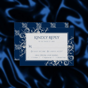 Art Deco Filigree Silver and Navy Blue Decadence RSVP Card