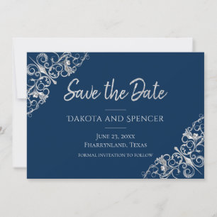 Art Deco Filigree   Silver Grey and Navy Blue Save The Date