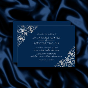 Art Deco Filigree Silver Grey Navy Blue Wedding Invitation