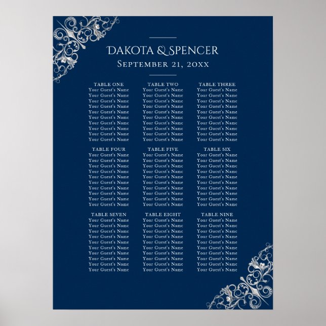 Art Deco Filigree | Silver Grey Navy Seating Chart (Front)