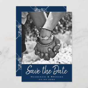 Art Deco Filigree   Silver Grey on Navy Blue Photo Save The Date