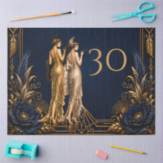 Art Deco flapper girls blue gold Gatsby decoupage Tissue Paper