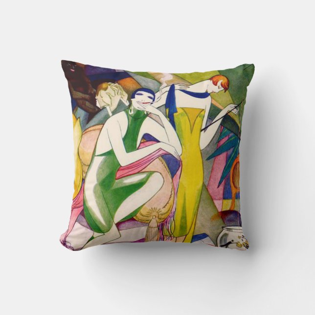Art Deco Flapper Throw Pillow Green Colourful (Front)
