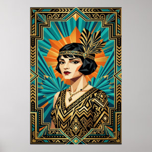 Art Deco Flapper Woman Portrait Gold Teal Poster