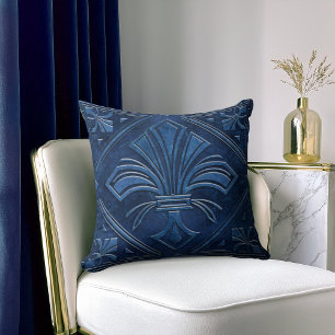 Art Deco Fleur-de-lis Blue marble Cushion