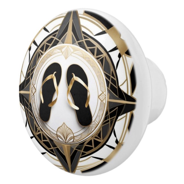 Art Deco Flip Flop Shoes Black White Gold Ceramic Knob (Right)