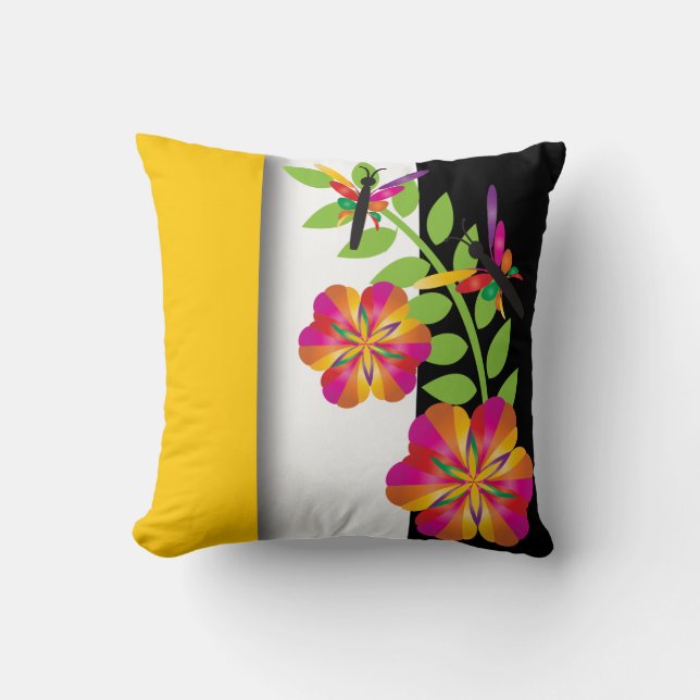 Art Deco Floral Colourful Dragonfly Cushion (Front)