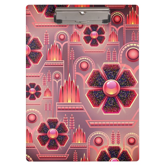 Art deco floral geometric pattern pink orange clipboard (Front)