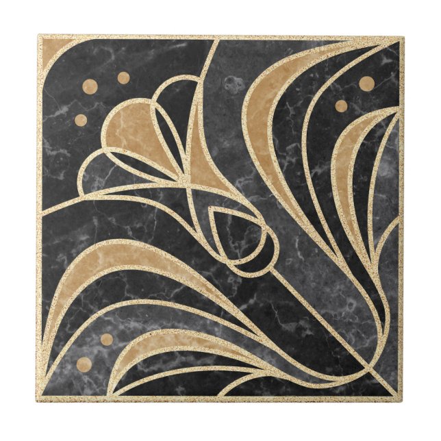 Art Deco Floral. Gold and Marble Tile (Front)