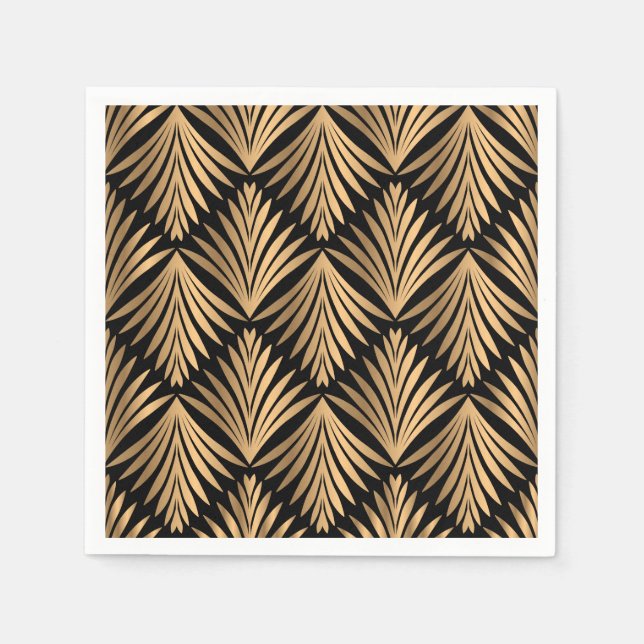 Art Deco Floral Great Gatsby Black Gold Wedding Napkin (Front)