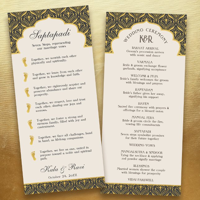 Art Deco Floral Lotus Indian & Hindu Wedding Programme (charcoal gray black art deco indian hindu wedding program card with saptapadi seven steps vows)