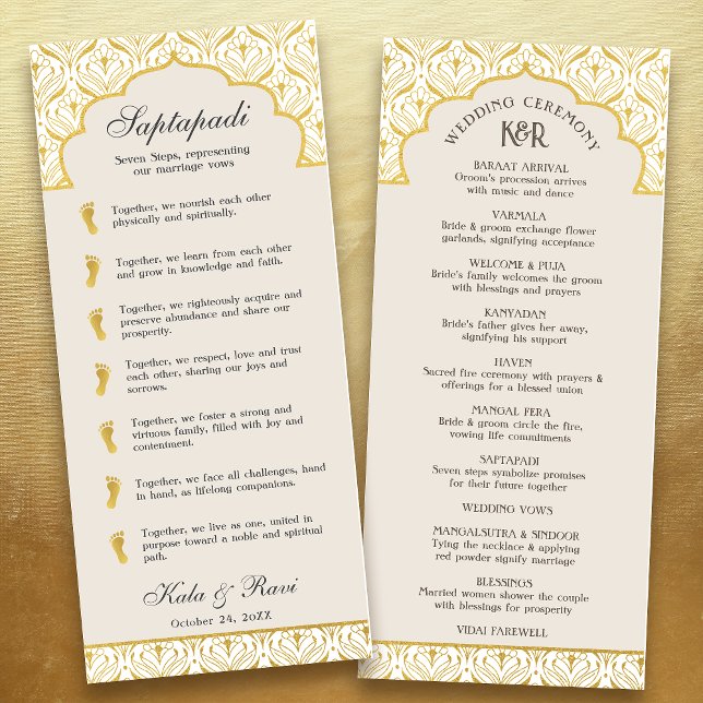 Art Deco Floral Lotus Indian & Hindu Wedding Programme (Beige white art deco indian hindu wedding program card with saptapadi seven steps vows, gold foil)