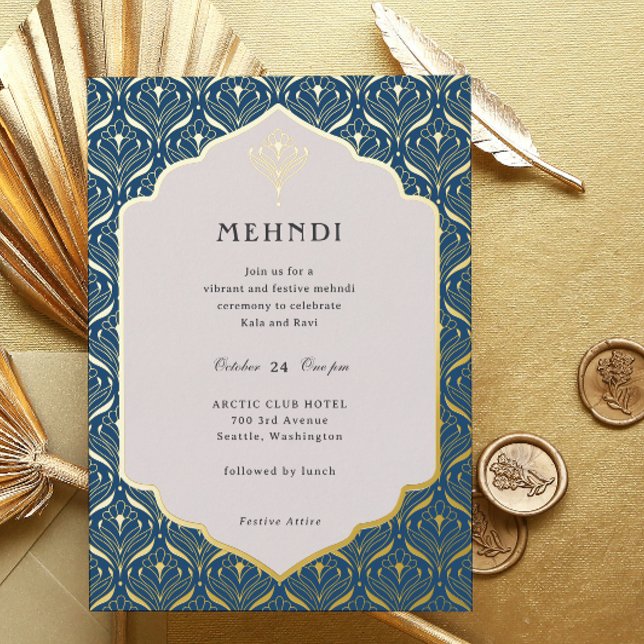 Art Deco Floral Lotus Mehndi Gold (mehndi invitation, indian wedding invitation, mehendi invitation, hindu wedding invitation, art deco)