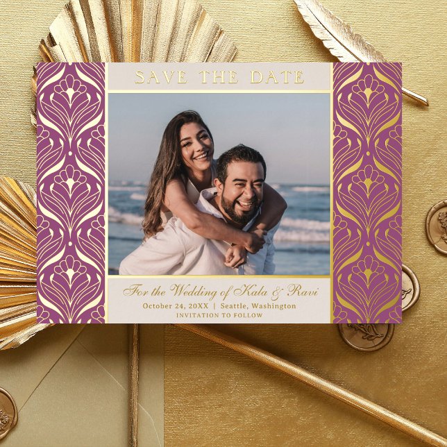 Art Deco Floral Lotus Wedding Save The Date Gold (art deco wedding save the date card, indian wedding photo save the date, hindu wedding announcement)