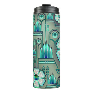 Art deco floral pattern vintage teal geometric thermal tumbler