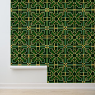 Art Deco Floral Tiles, Emerald Green and Faux Gold Wallpaper