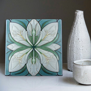 Art Deco Floral Wall Decor Art Nouveau Blue Tile
