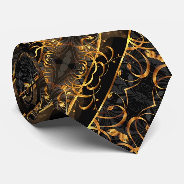 art deco flourish black and gold swirls tie (Rolled)