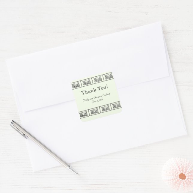 Art Deco Flower Border Wedding Thank You Square Sticker (Envelope)