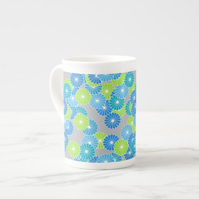 Art Deco flower pattern - blue and lime green Bone China Mug (Front Left)