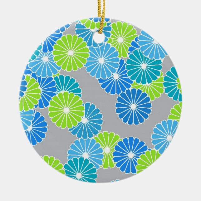 Art Deco flower pattern - blue and lime green Ceramic Tree Decoration (Front)