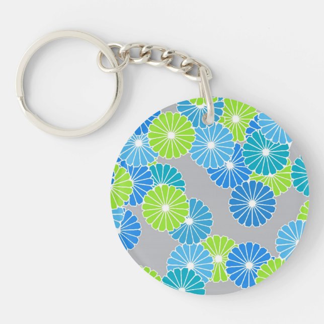 Art Deco flower pattern - blue and lime green Key Ring (Front)