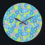 Art Deco flower pattern - blue and lime green Large Clock<br><div class="desc">An Art Deco pattern based on a traditional,  stylized chrysanthemum pattern used in Japanese textiles,  in shades of blue,  turquoise and lime green,  outlined in white,  on a light,  silver grey background</div>