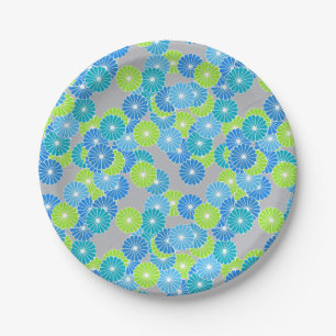 Art Deco flower pattern - blue and lime green Paper Plate