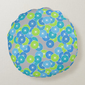 Art Deco flower pattern - blue and lime green Round Cushion