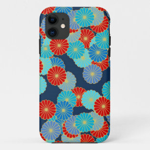Art Deco flower pattern - blue, turquoise and red iPhone 11 Case