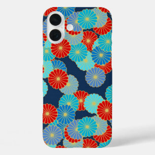 Art Deco flower pattern - blue, turquoise and red iPhone 16 Plus Case