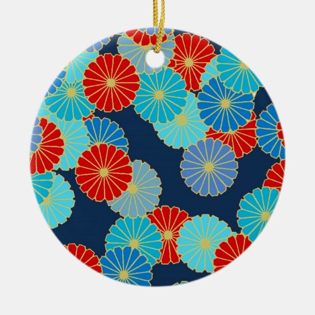 Art Deco flower pattern - blue, turquoise and red Ceramic Tree Decoration (Front)