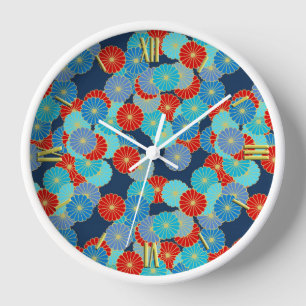 Art Deco flower pattern - blue, turquoise and red Clock
