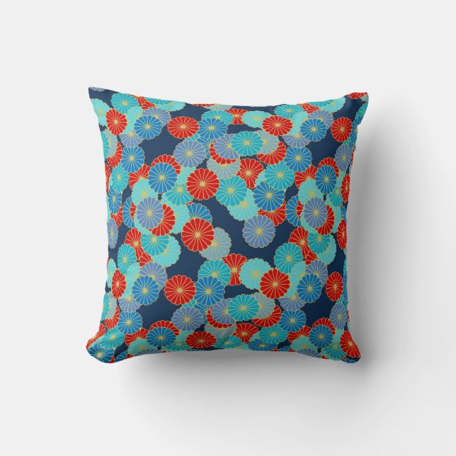 Art Deco flower pattern - blue, turquoise and red Cushion (Front)