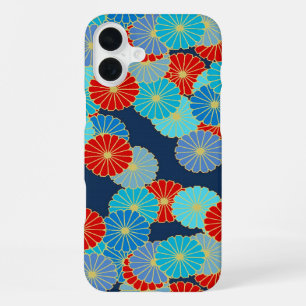 Art Deco flower pattern - blue, turquoise and red iPhone 16 Plus Case