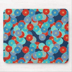 Art Deco flower pattern - blue, turquoise and red Mouse Mat