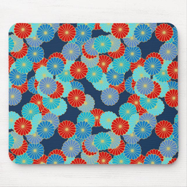 Art Deco flower pattern - blue, turquoise and red Mouse Mat (Front)