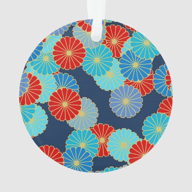 Art Deco flower pattern - blue, turquoise and red Ornament (Back)